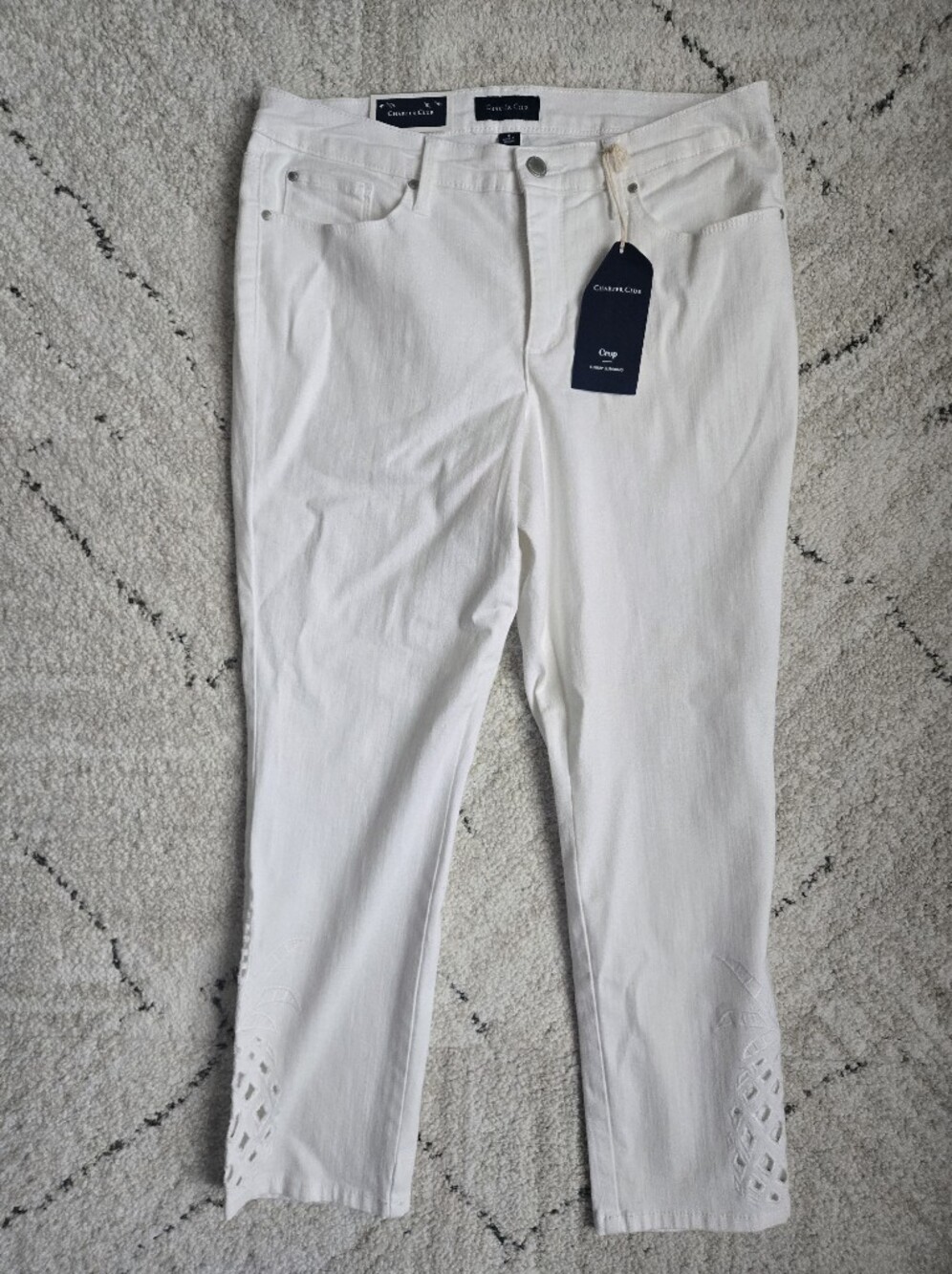NWT Charter Club White Women's Crop Tummy Slimming Jeans with Eyelet Hem